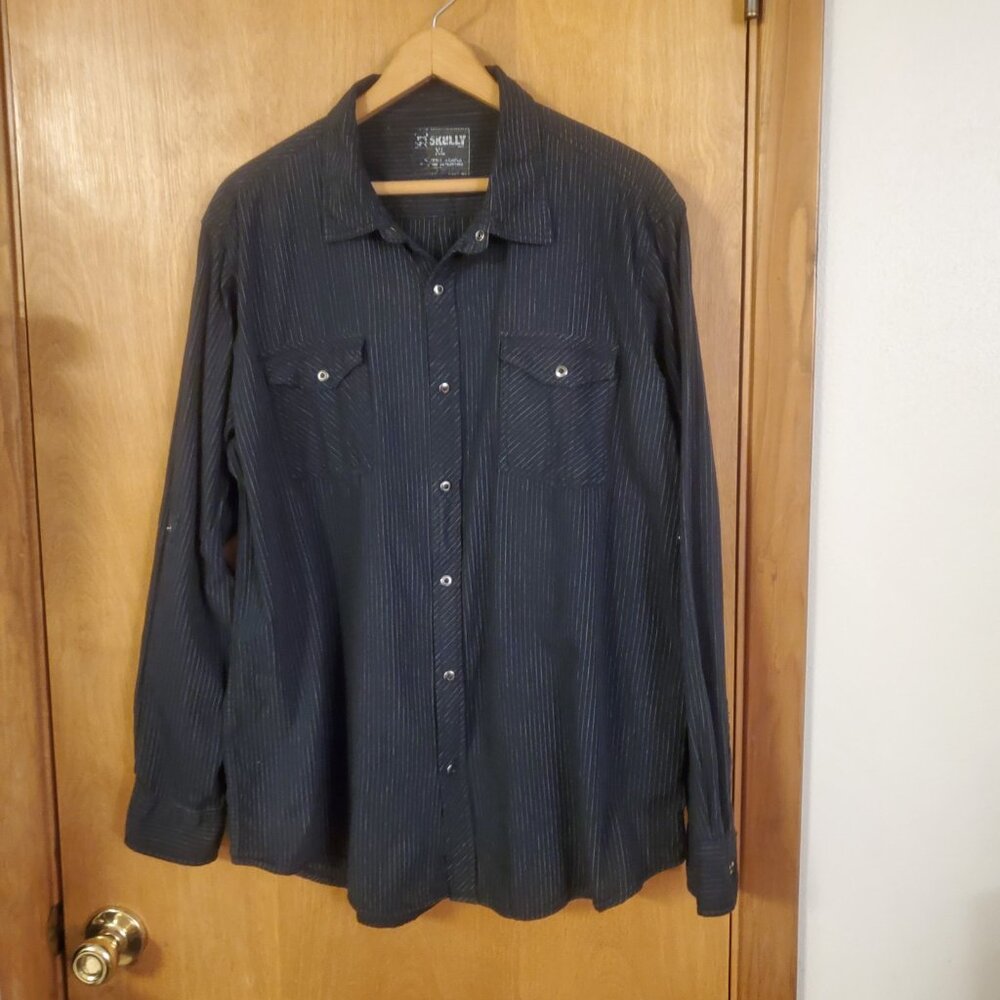 Skully Pinstripe Snap Up Long Sleeve Western Short Womens XL Black